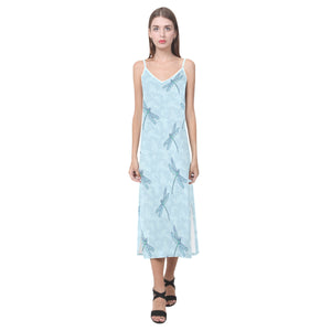 Dragonfly pattern blue background V-Neck Open Fork Long Dress