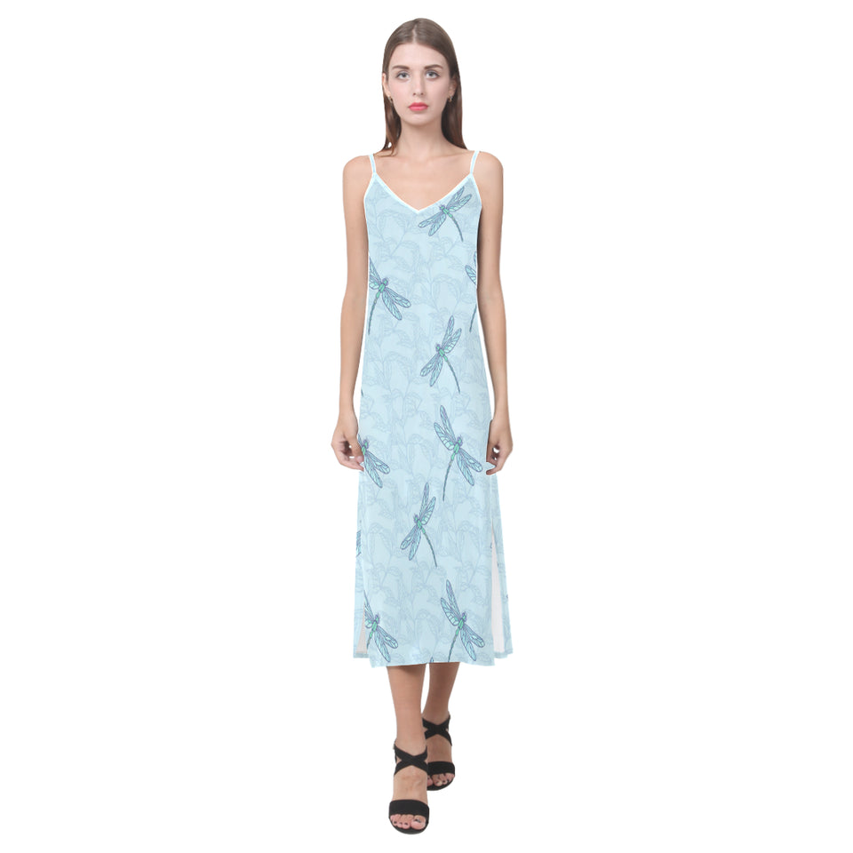 Dragonfly pattern blue background V-Neck Open Fork Long Dress