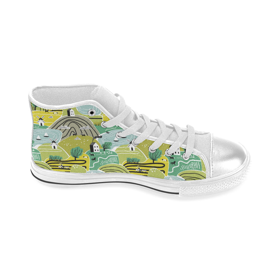 Hand drawn windmill pattern Women's High Top Canvas Shoes White