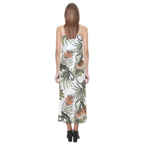Monkey red hibiscus flower palm leaves floral patt V-Neck Open Fork Long Dress