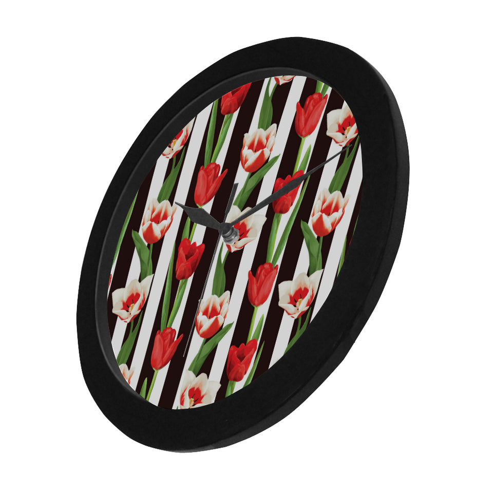 red and white tulips pattern Elegant Black Wall Clock