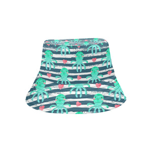 Cute octopuses heart striped background Unisex Bucket Hat