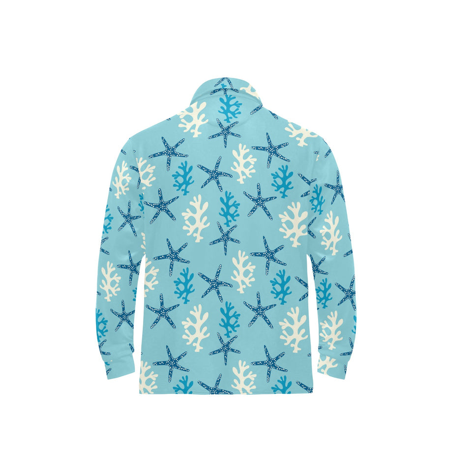 Blue starfish coral reef pattern Men's Long Sleeve Polo Shirt