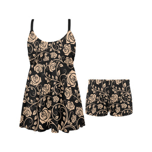 Rose Pattern Print Design 04 Chest Sexy Pleated Two Piece Swim Dress