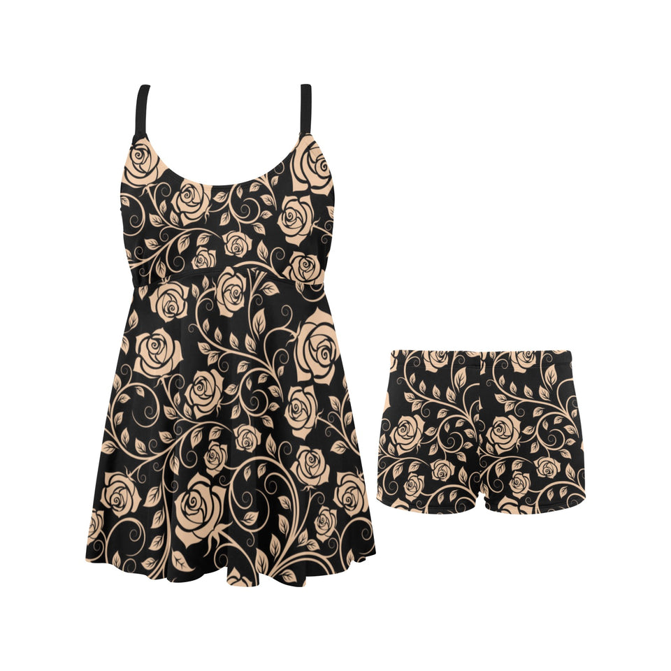 Rose Pattern Print Design 04 Chest Sexy Pleated Two Piece Swim Dress