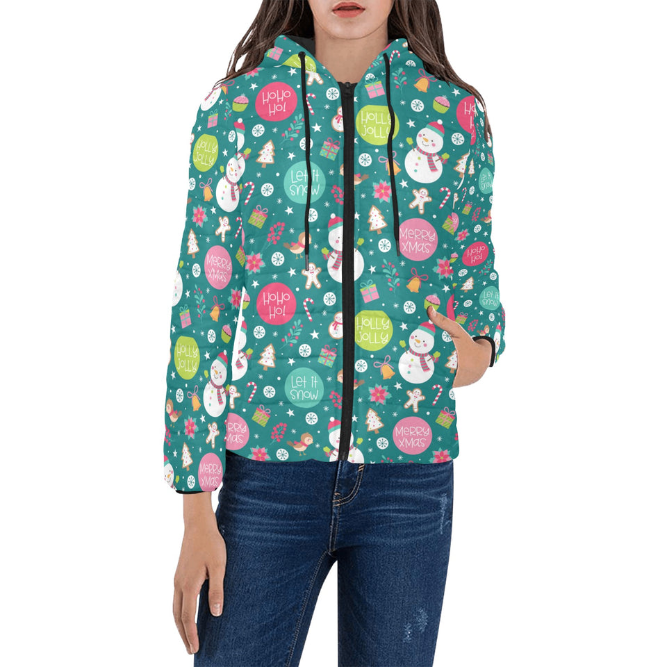 Snowman bird decorative elements christmas pattern Women's Padded Hooded Jacket