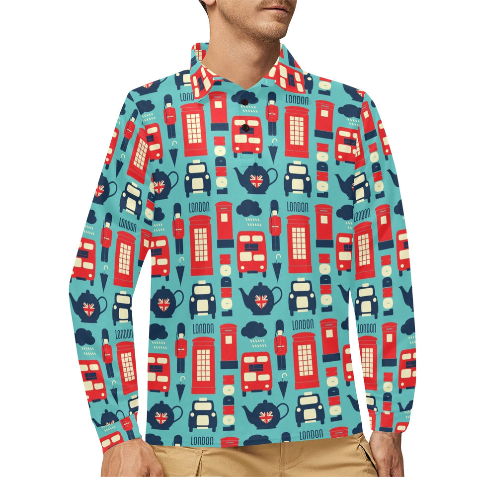 British Pattern Print Design 04 Men's Long Sleeve Polo Shirt