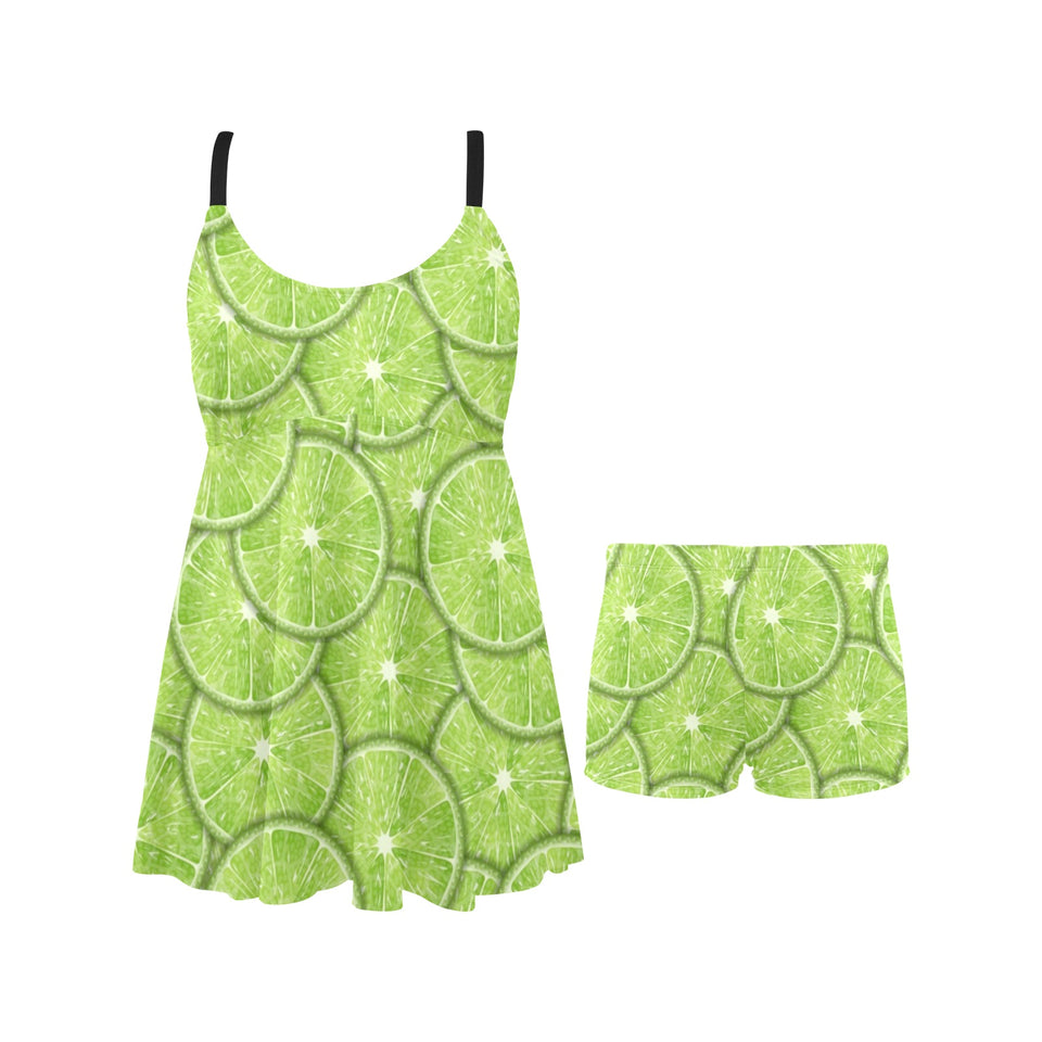 Slices of Lime pattern Chest Sexy Pleated Two Piece Swim Dress