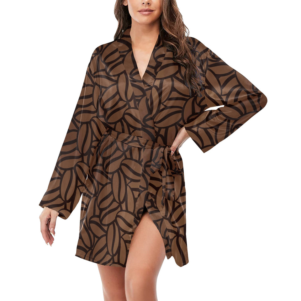 coffee bean pattern Women's Long Sleeve Belted Night Robe