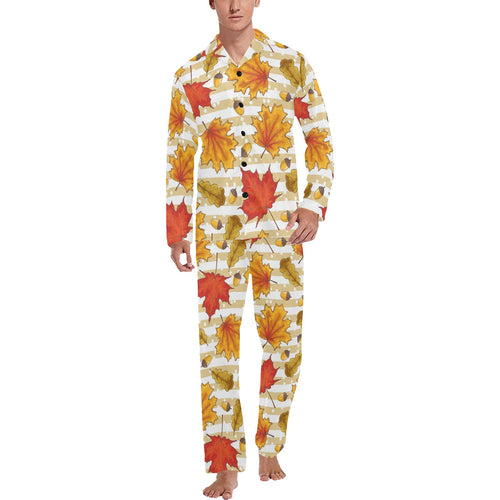 Maple leaf oak leaf acorns beige striped backgroun Men's Long Pajama Set