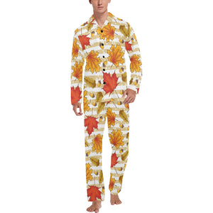 Maple leaf oak leaf acorns beige striped backgroun Men's Long Pajama Set