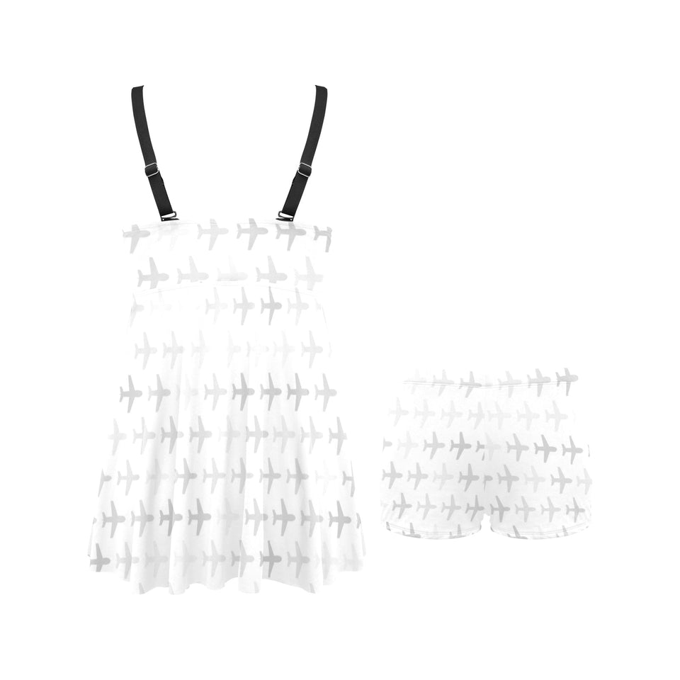 Airplane print pattern Chest Sexy Pleated Two Piece Swim Dress