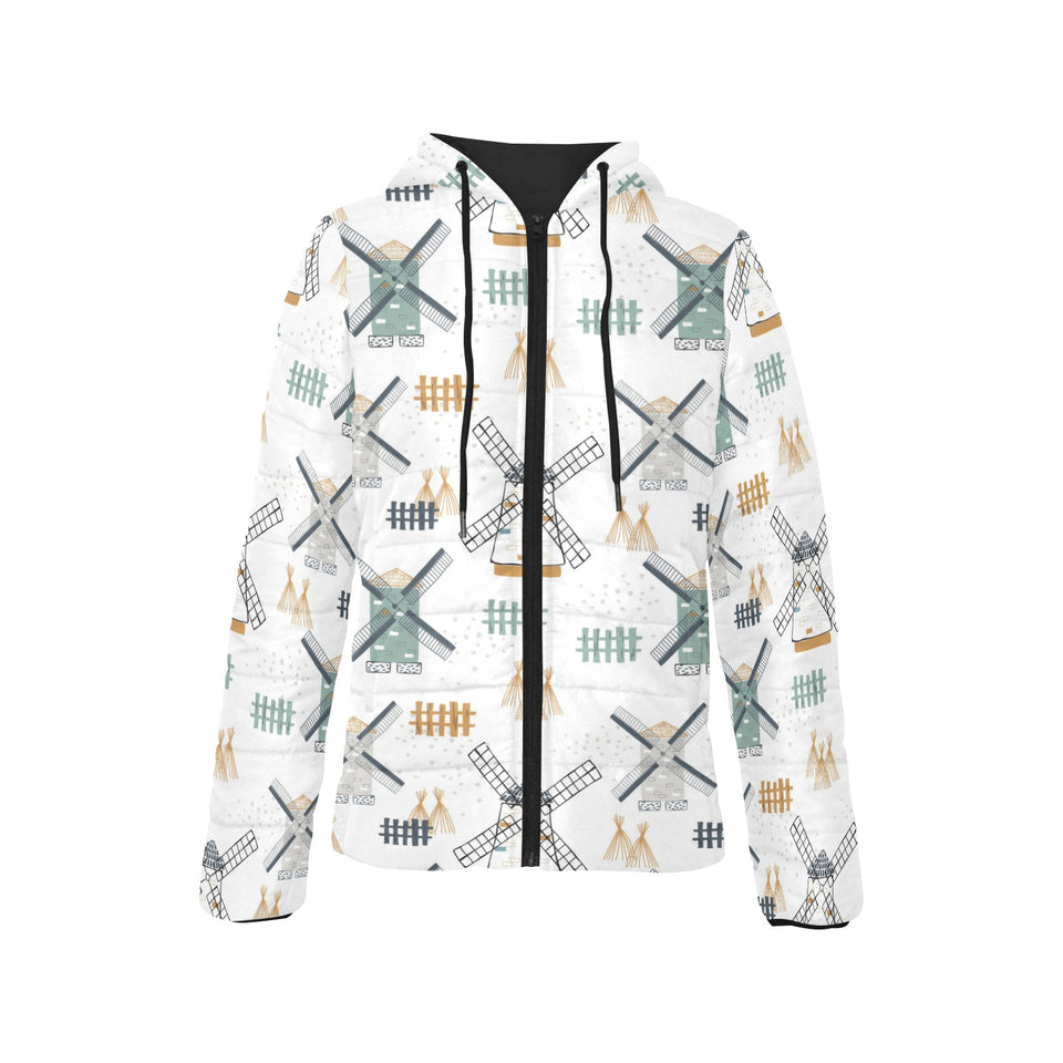 windmill pattern Women's Padded Hooded Jacket
