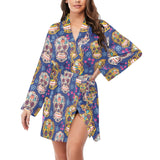 Sugar skull flower pattern Women's Long Sleeve Belted Night Robe