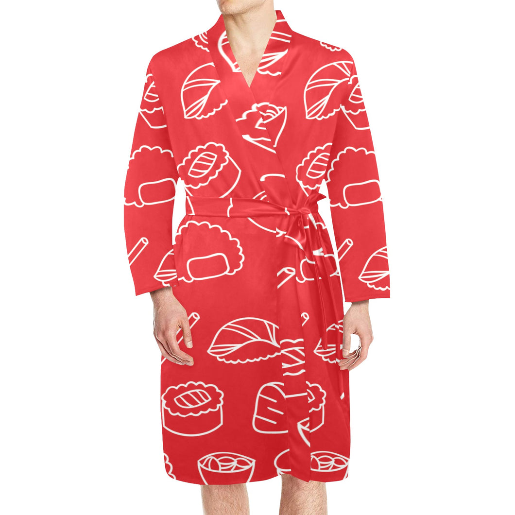 sushi pattern red background Men's Long Sleeve Belted Night Robe