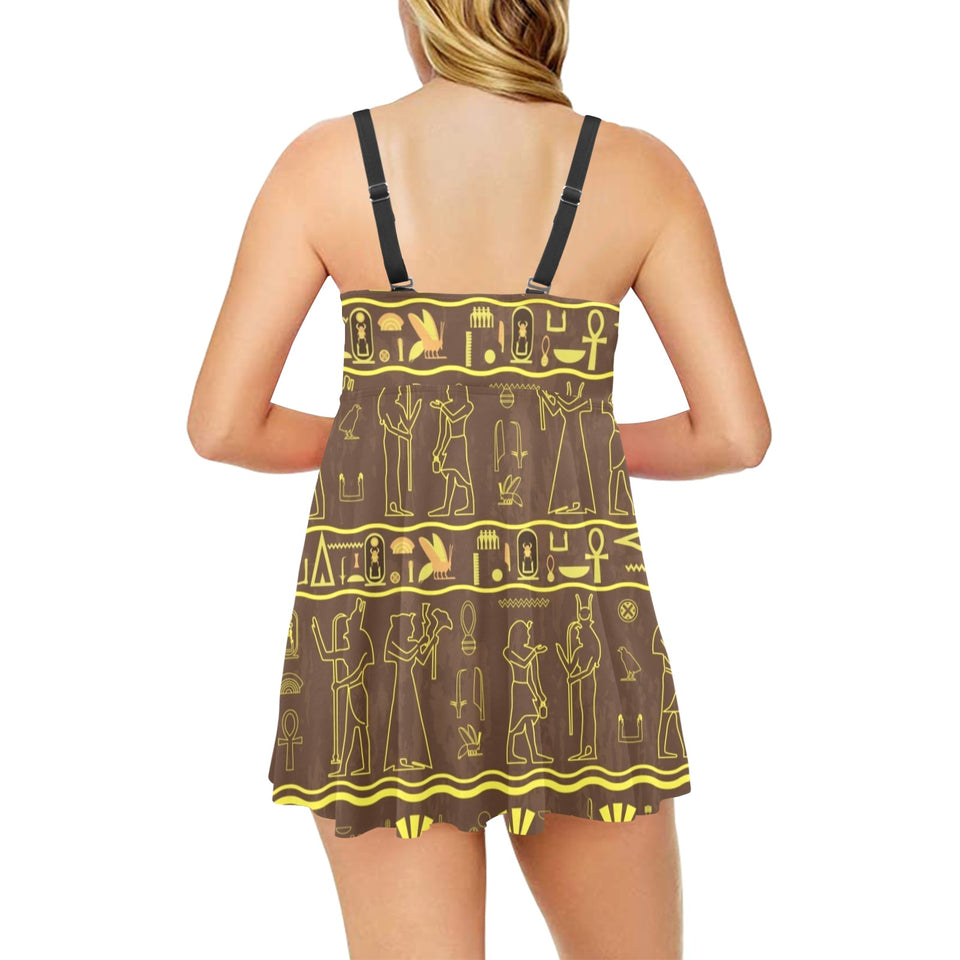 Egypt Hieroglyphics Pattern Print Design 03 Chest Sexy Pleated Two Piece Swim Dress