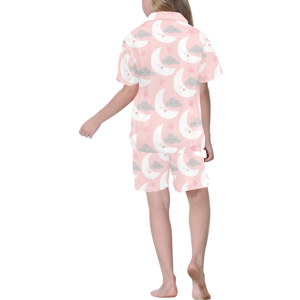 Cute moon cloud star pattern pink dot background Kids' Boys' Girls' V-Neck Short Pajama Set