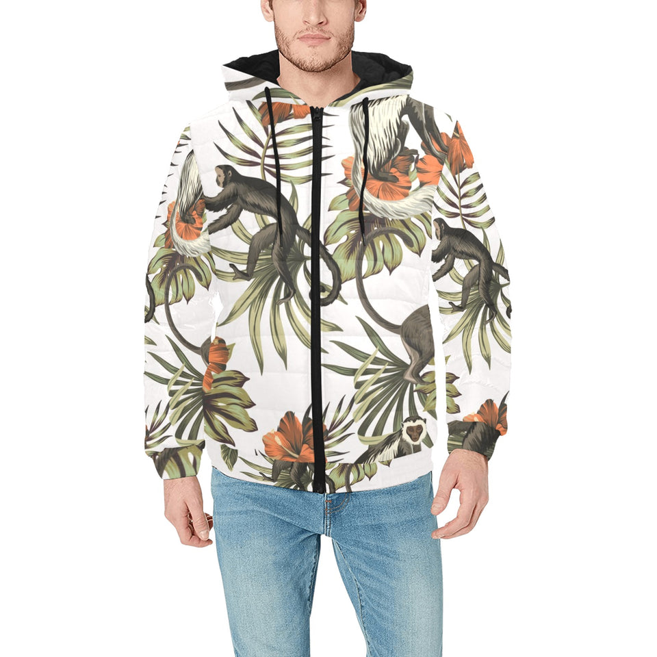 Monkey red hibiscus flower palm leaves floral patt Men's Padded Hooded Jacket