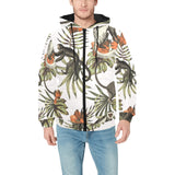 Monkey red hibiscus flower palm leaves floral patt Men's Padded Hooded Jacket