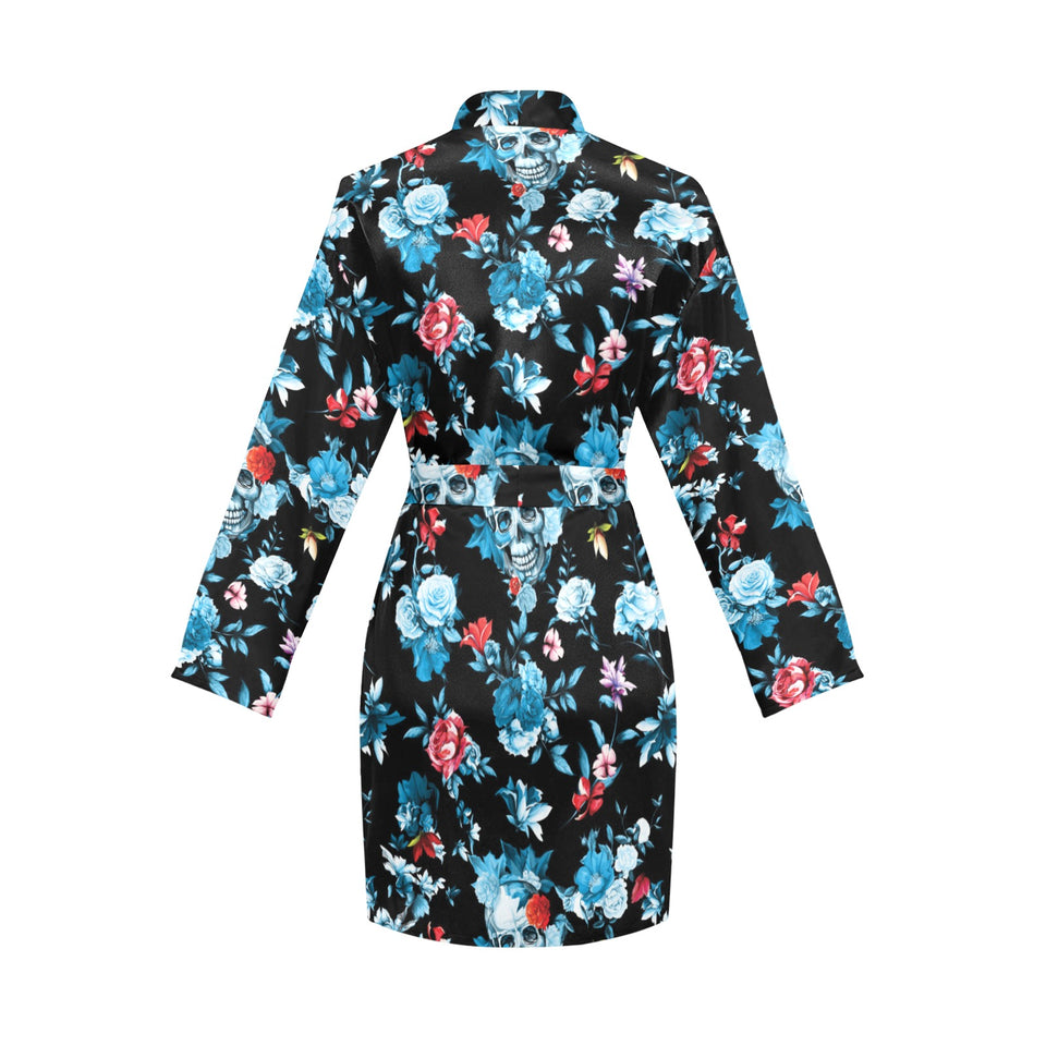 Skull flower roses leave pattern Women's Long Sleeve Belted Night Robe