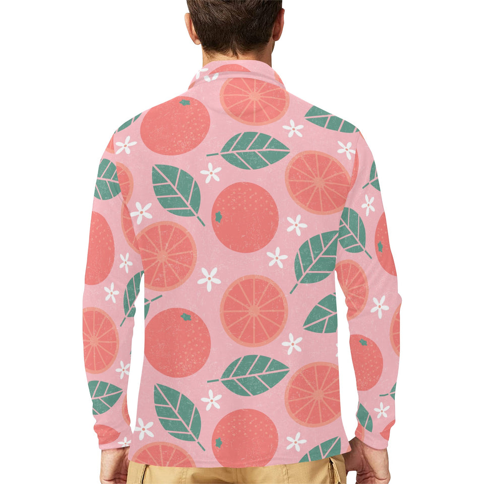Grapefruit leaves flower pink background Men's Long Sleeve Polo Shirt