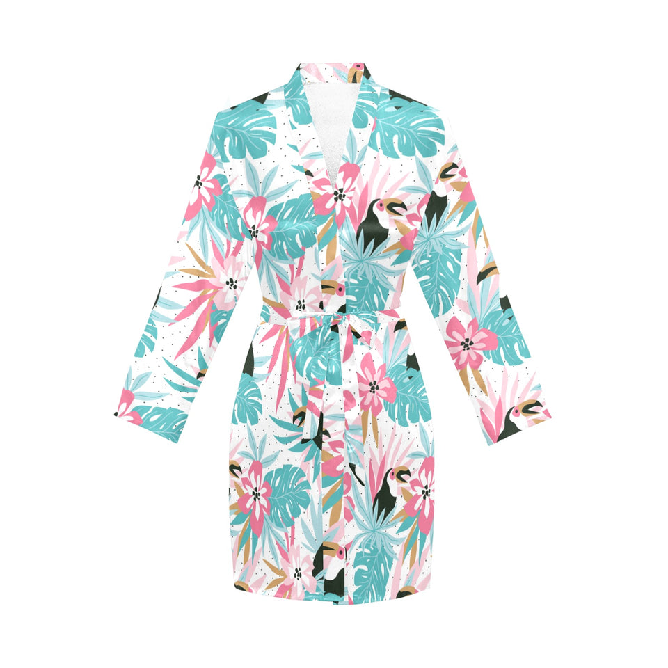 Toucan tropical flower leave pattern Women's Long Sleeve Belted Night Robe
