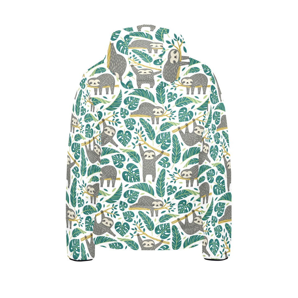 Cute sloths tropical palm leaves white background Kids' Boys' Girls' Padded Hooded Jacket