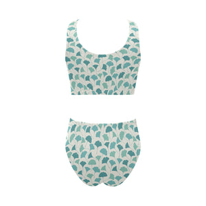 Green ginkgo leaves pattern Chest Bowknot High Waisted Bikini Swimsuit