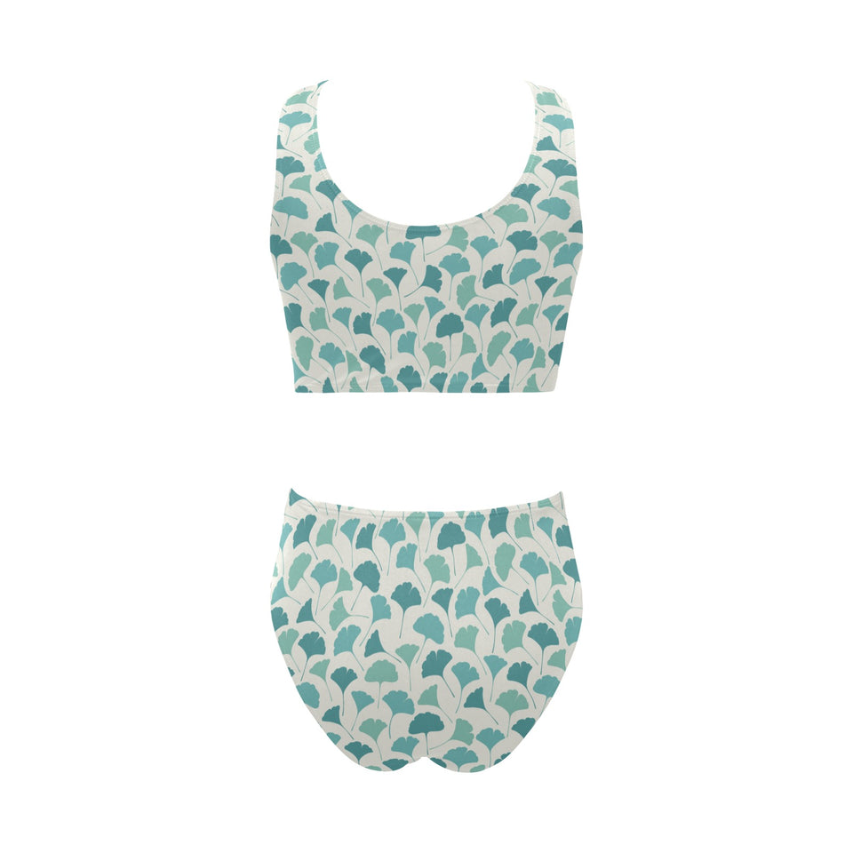 Green ginkgo leaves pattern Chest Bowknot High Waisted Bikini Swimsuit