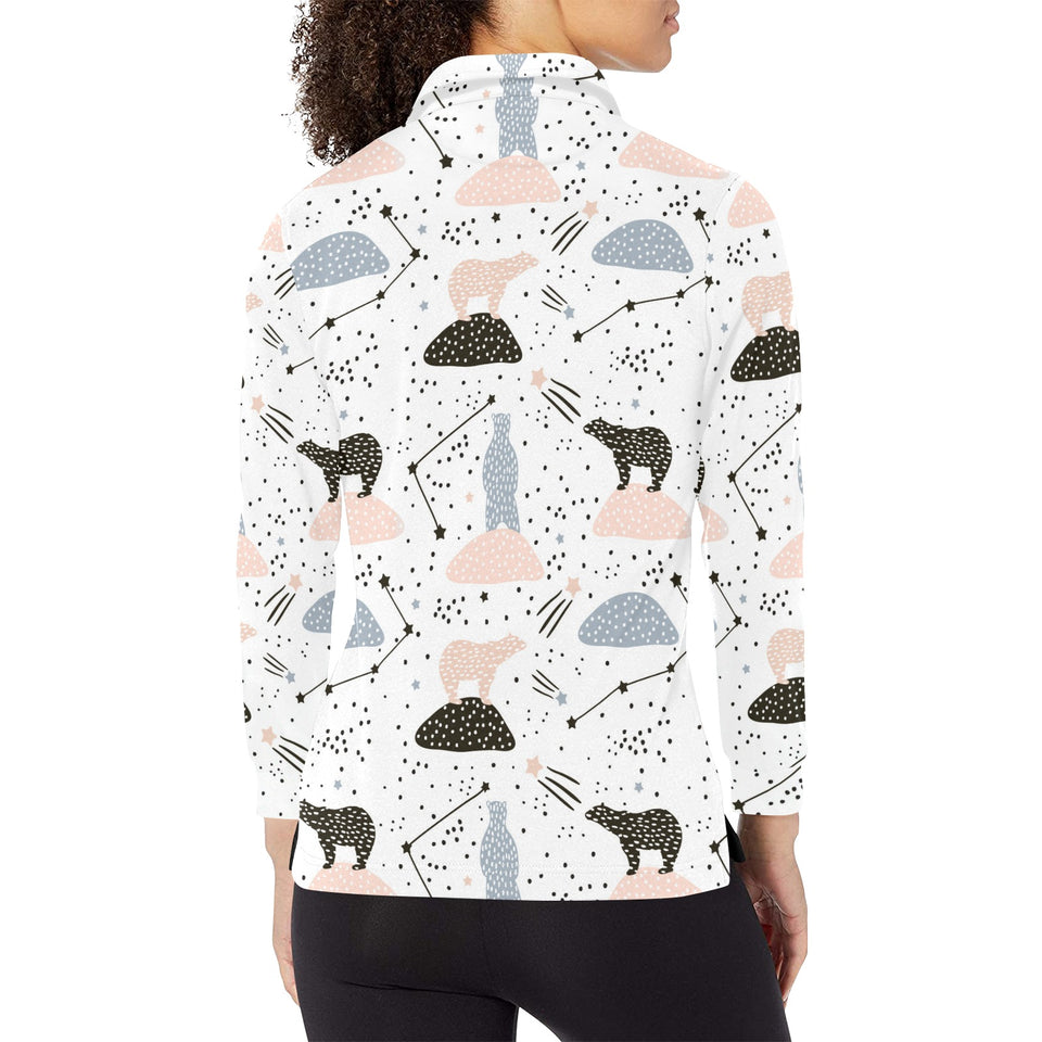 Polar bears star poka dot pattern Women's Long Sleeve Polo Shirt