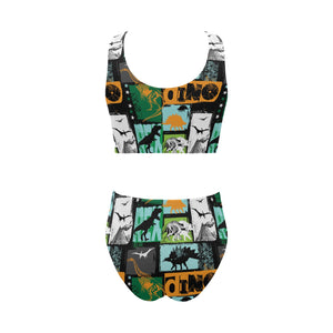 dinosaurs print pattern Chest Bowknot High Waisted Bikini Swimsuit