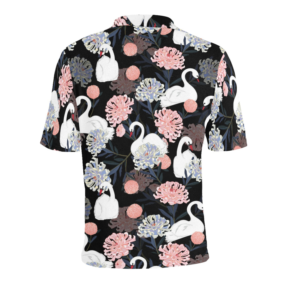 white swan blooming flower pattern Men's All Over Print Polo Shirt