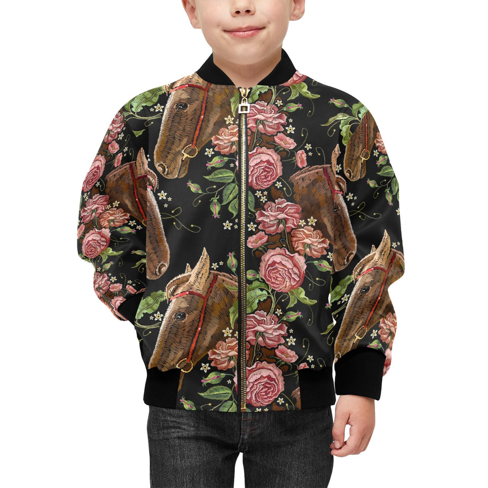 Horse head wild roses pattern Kids' Boys' Girls' Bomber Jacket