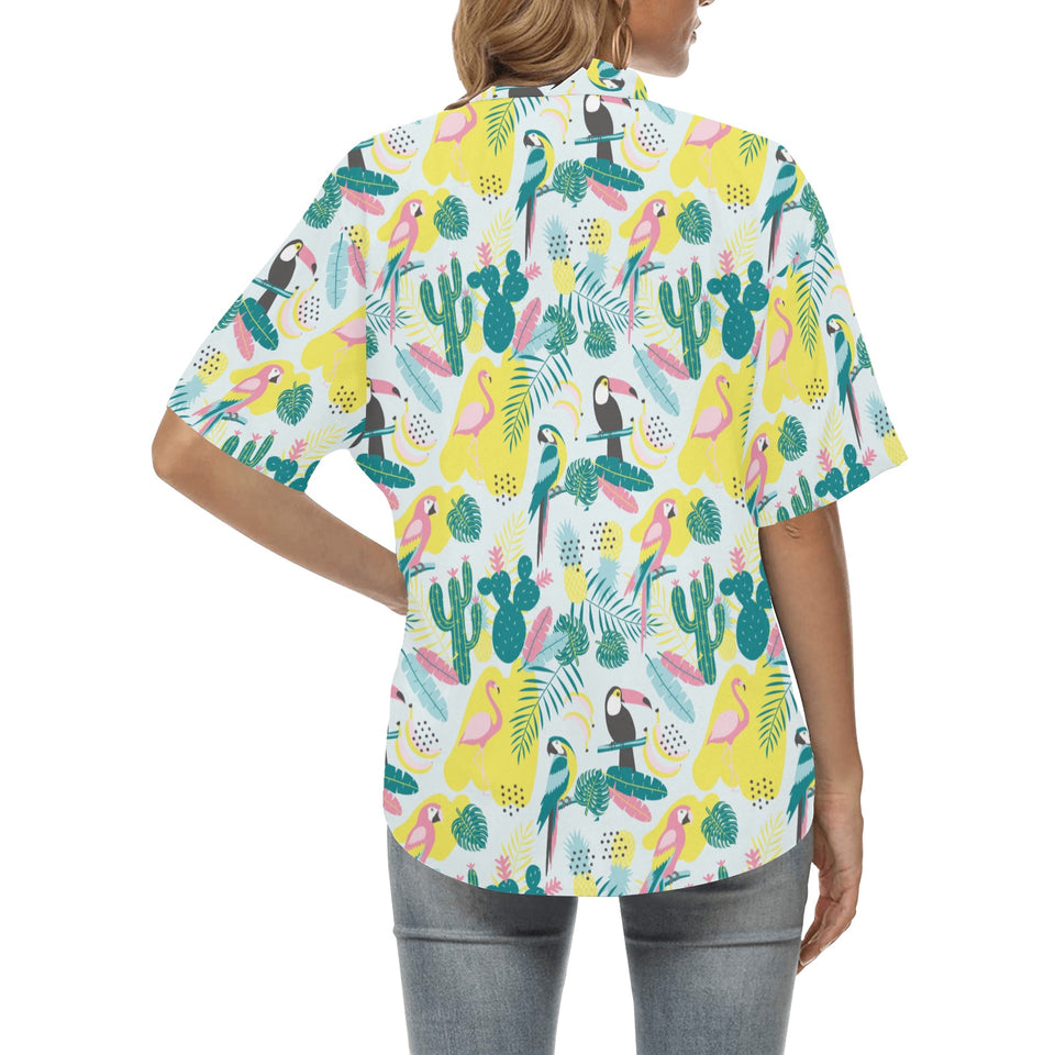 Cute parrot toucan flamingo cactus exotic leaves p Women's All Over Print Hawaiian Shirt