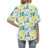 Cute parrot toucan flamingo cactus exotic leaves p Women's All Over Print Hawaiian Shirt