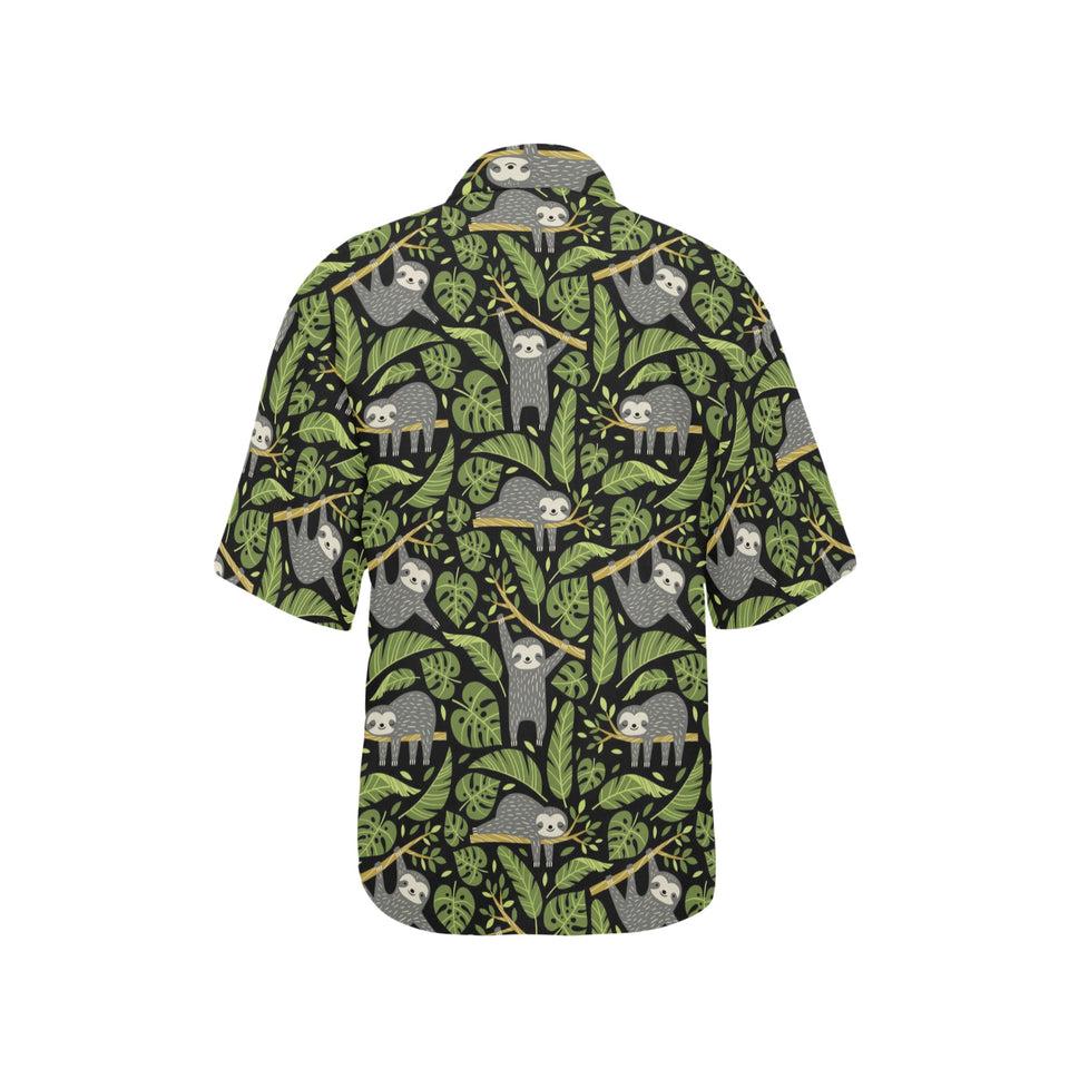 Cute sloths tropical palm leaves black background Women's All Over Print Hawaiian Shirt