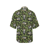Cute sloths tropical palm leaves black background Women's All Over Print Hawaiian Shirt