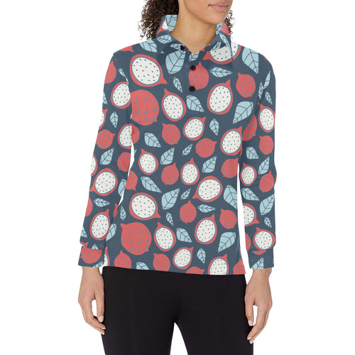 dragon fruits dark blue background Women's Long Sleeve Polo Shirt