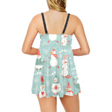 Cute snowman pattern Chest Sexy Pleated Two Piece Swim Dress