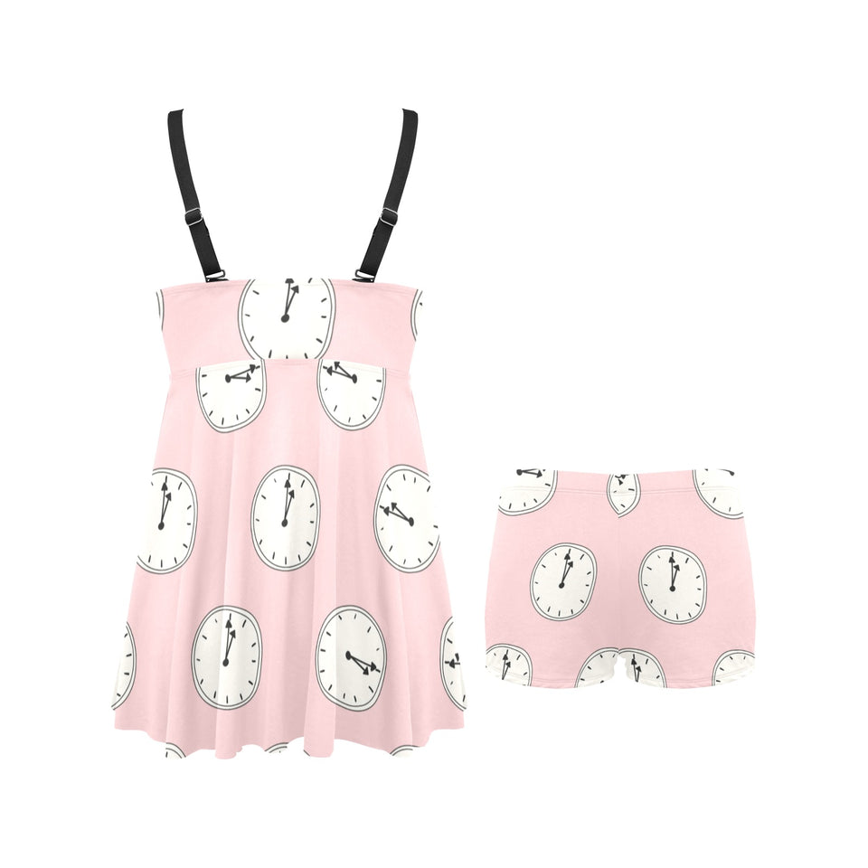 Clock pattern pink blackground Chest Sexy Pleated Two Piece Swim Dress