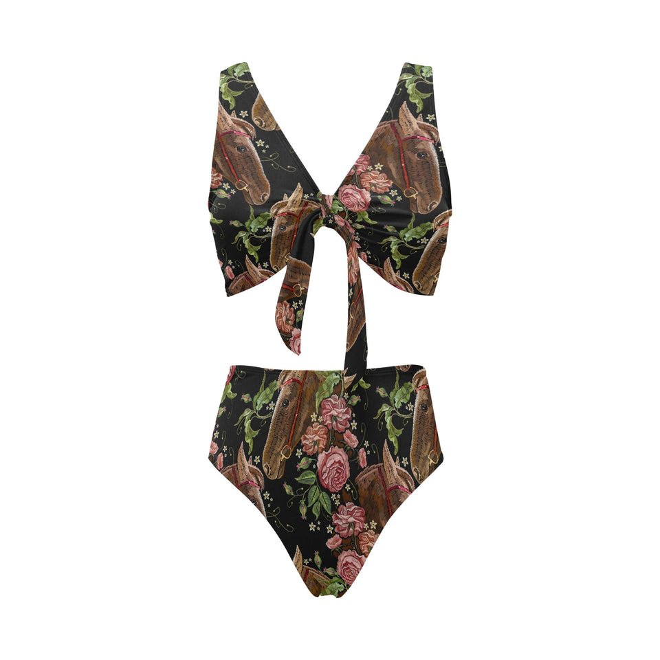 Horse head wild roses pattern Chest Bowknot High Waisted Bikini Swimsuit