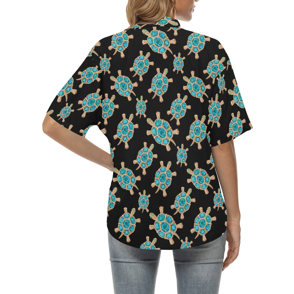 Sea turtle blue stone pattern Women's All Over Print Hawaiian Shirt
