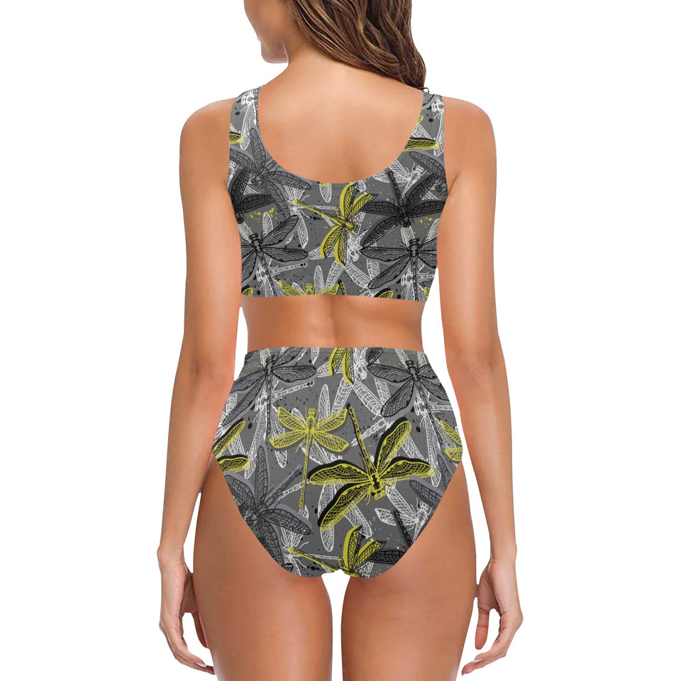 Hand drawn dragonfly pattern Chest Bowknot High Waisted Bikini Swimsuit