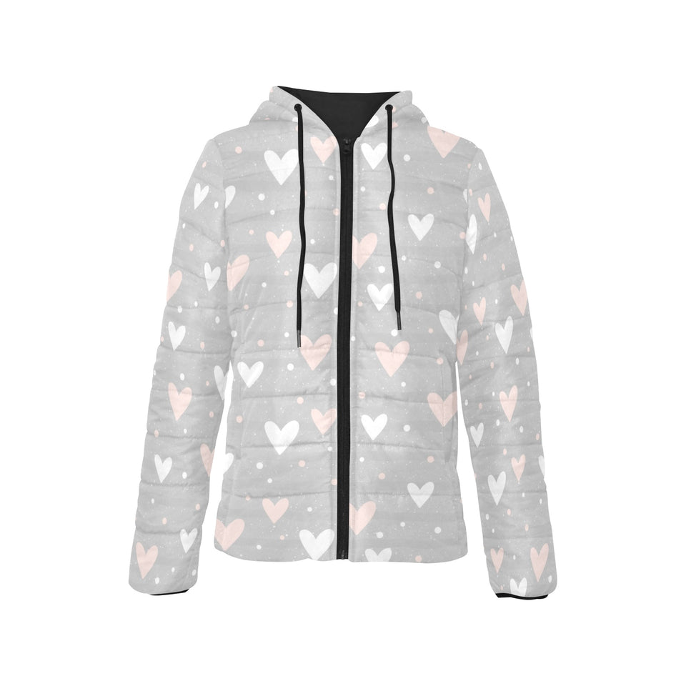 Heart pattern gray background Women's Padded Hooded Jacket