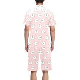 Clock pattern pink blackground Men's V-Neck Short Pajama Set