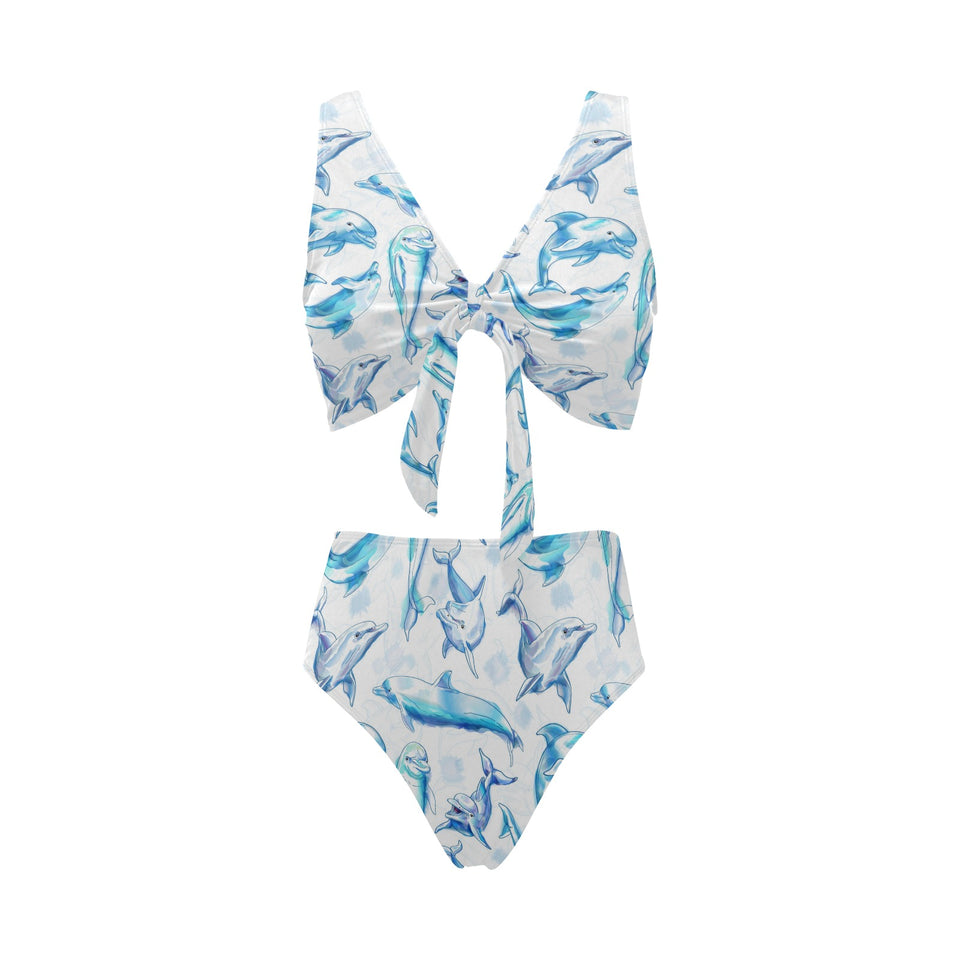 Watercolor dolphin pattern Chest Bowknot High Waisted Bikini Swimsuit