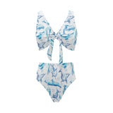 Watercolor dolphin pattern Chest Bowknot High Waisted Bikini Swimsuit