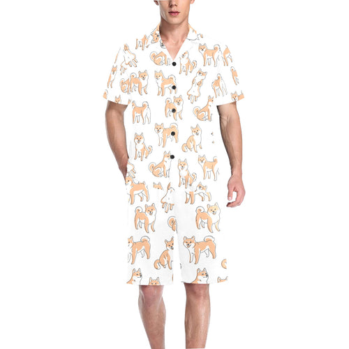 shiba inu dog pattern Men's V-Neck Short Pajama Set