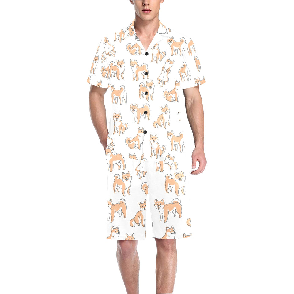 shiba inu dog pattern Men's V-Neck Short Pajama Set
