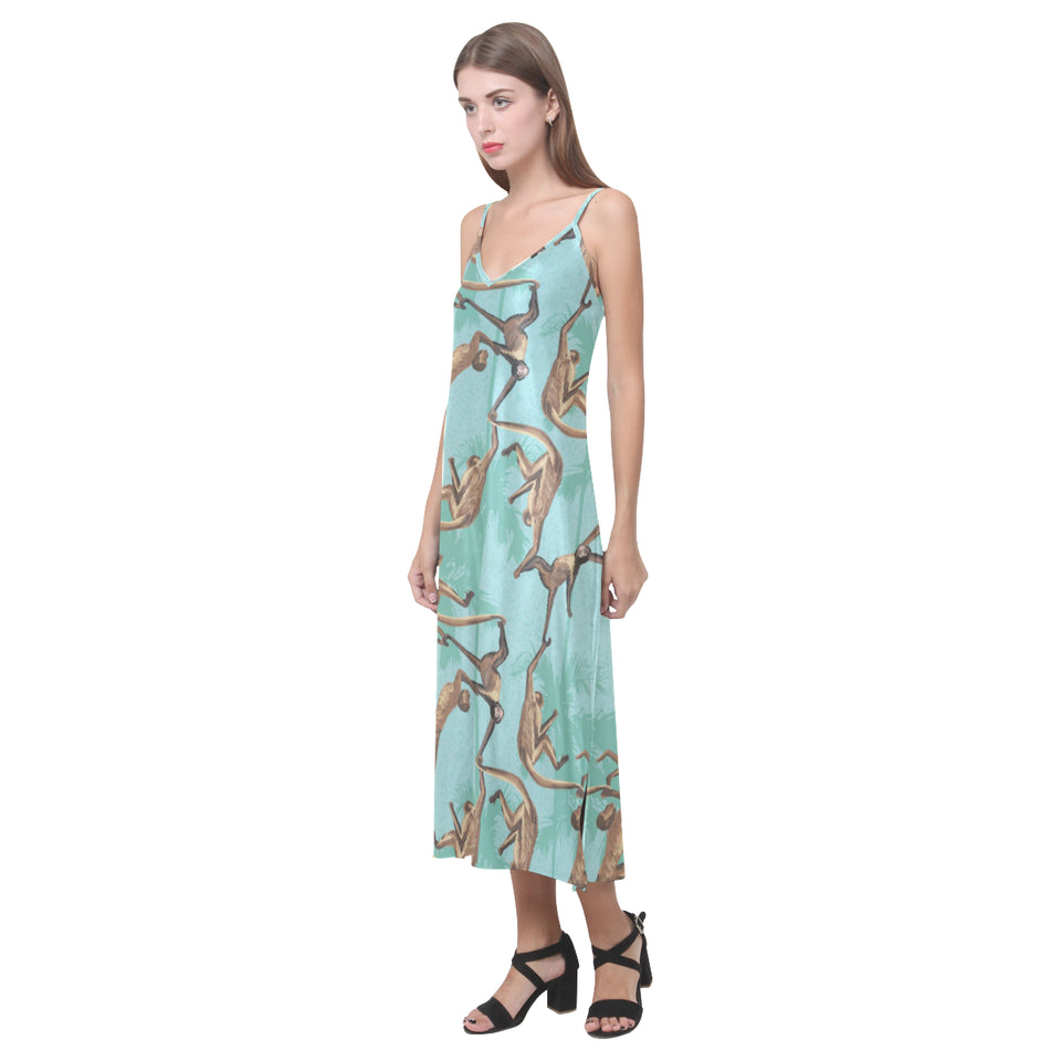 Monkey Palm tree background V-Neck Open Fork Long Dress
